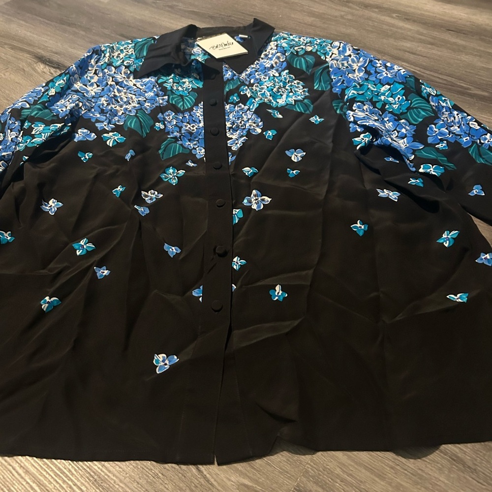 Bob Mackie Black Blouse with Blue Floral Print
